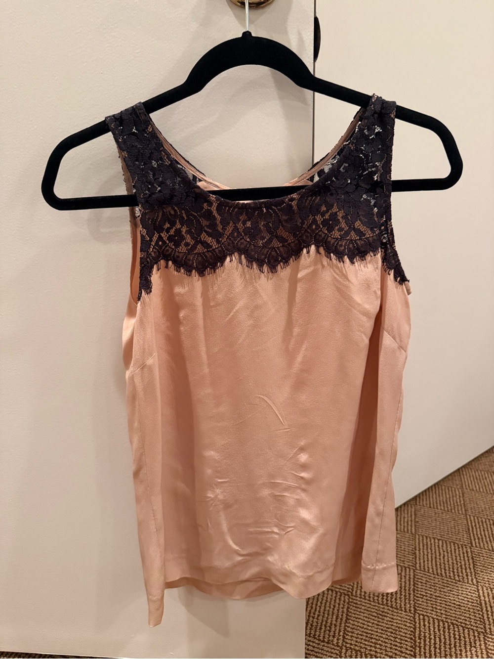 J. Crew Blush Pink Satin Tank with Black Lace Yoke